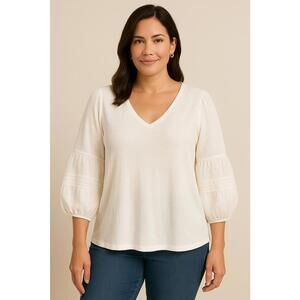 Chico's Womens White Embroidered Bell Sleeve Mixed Blend T Shirt Top, 3(XL)